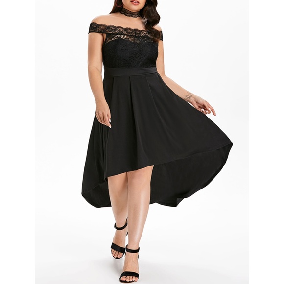 Rosegal for Curves Collection Dresses & Skirts - Plus Size Lace Dip Hem Swing Dress - Black